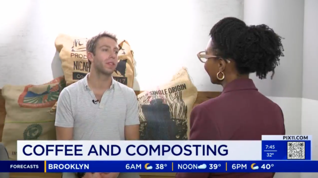a man being interviewed for a news special about coffee composting 